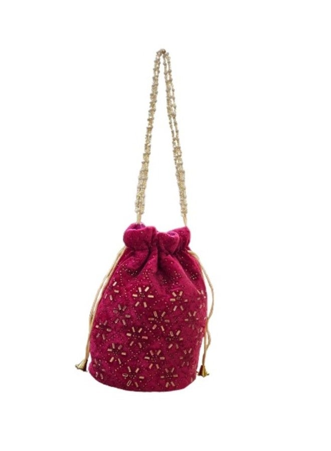 SuneshCreation Ethnic Potli Handbag with Beaded Handle, Pink Floral Embroidery, Traditional Drawstring Purse, Velvet Wristlet (dark pink) - Image 2